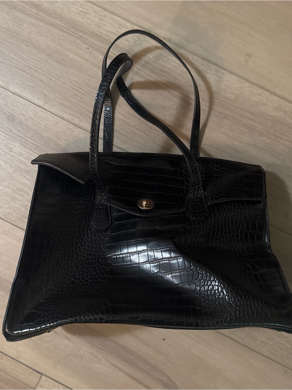 Black Croc-Embossed Leather Tote Handbag